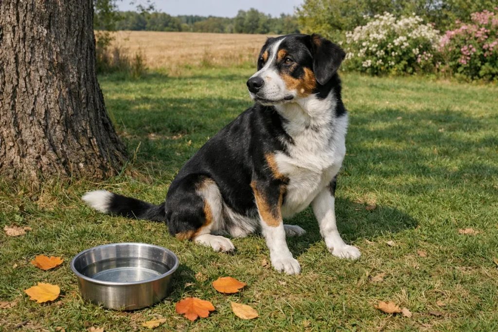 трьохкольорова собака на прогулянці