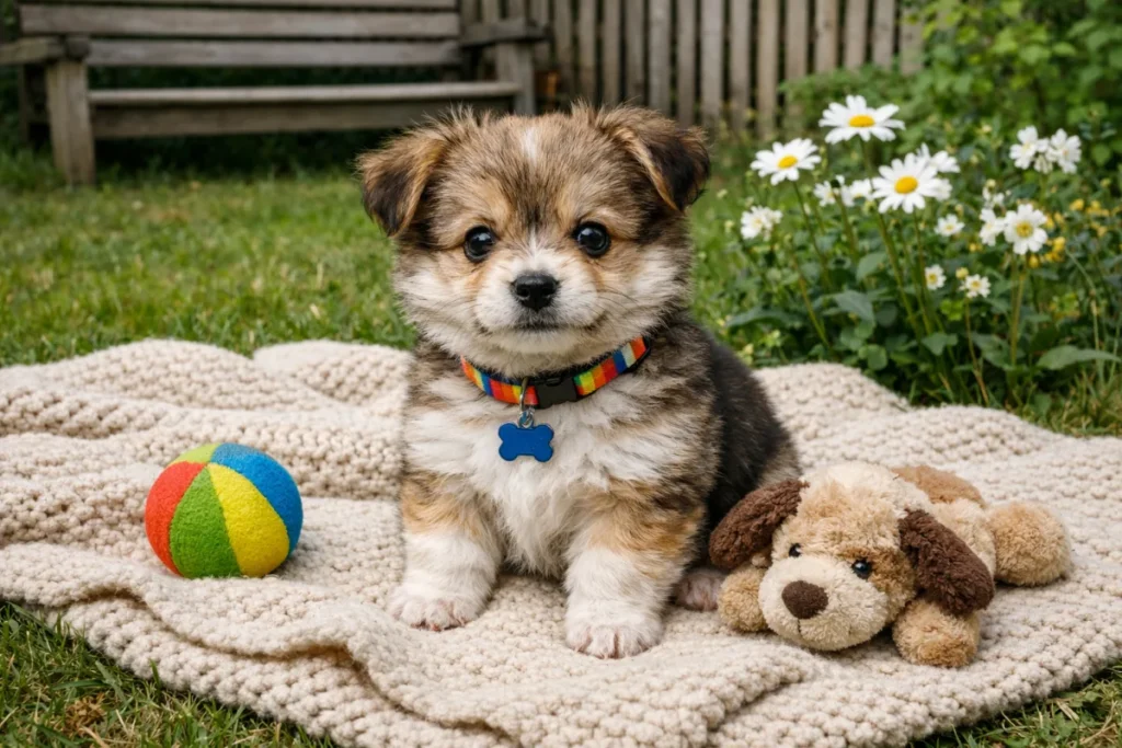 маленький пес з іграшкою на траві