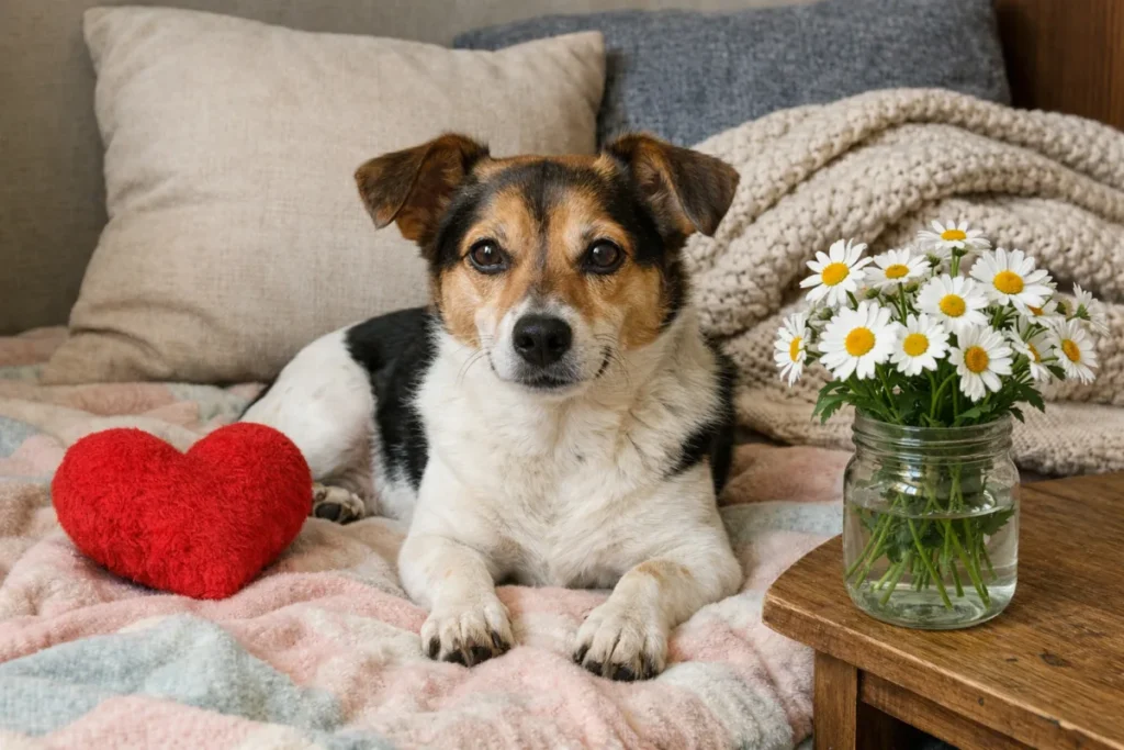 Лагідний пес поруч з іграшкою