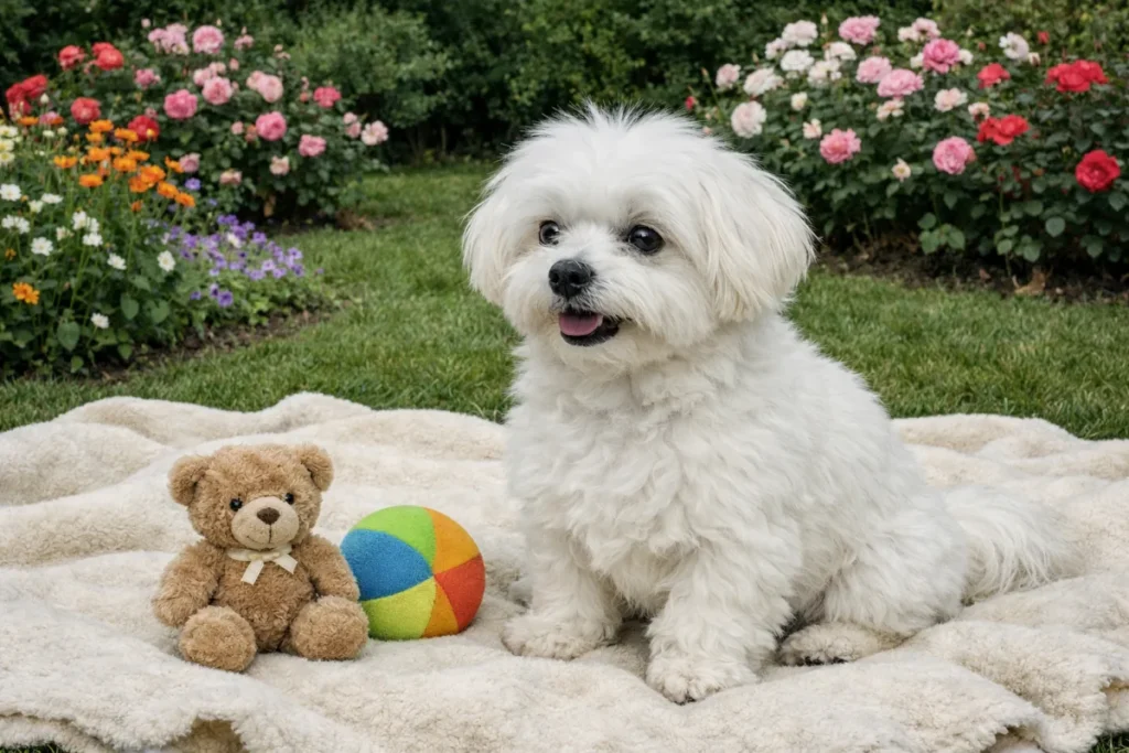 Мальтійська болонка серед квітів