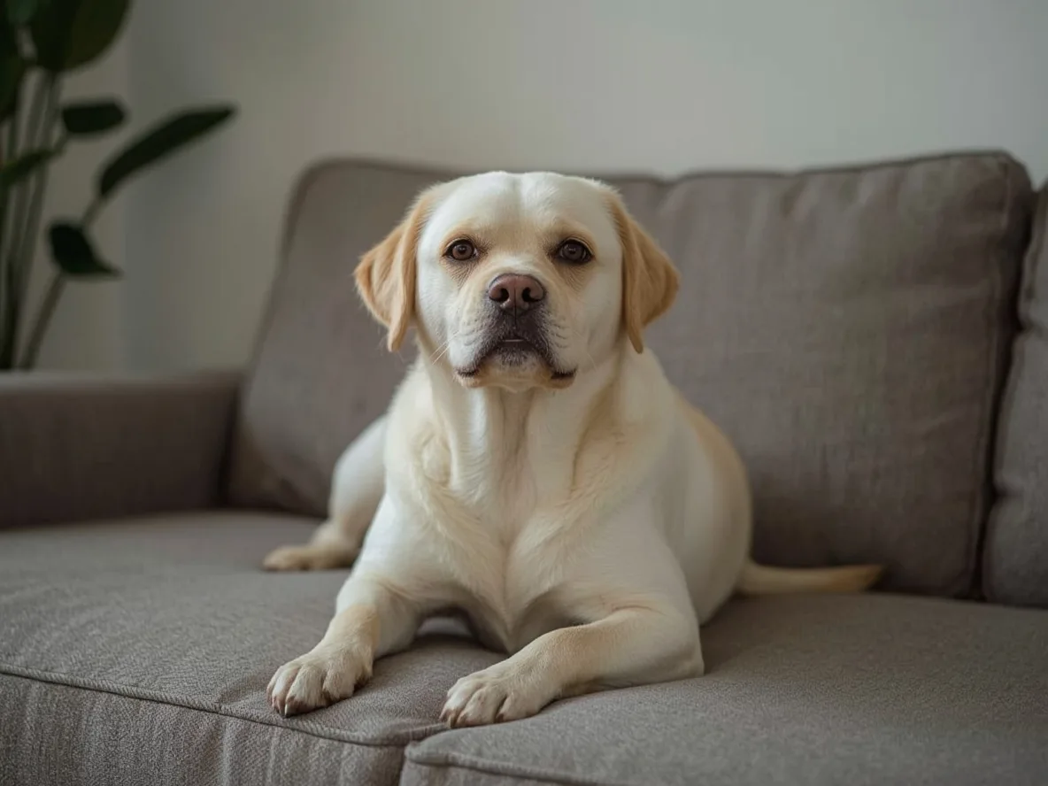 собака кремового окрасу сидить на дивані затишна домашня сцена