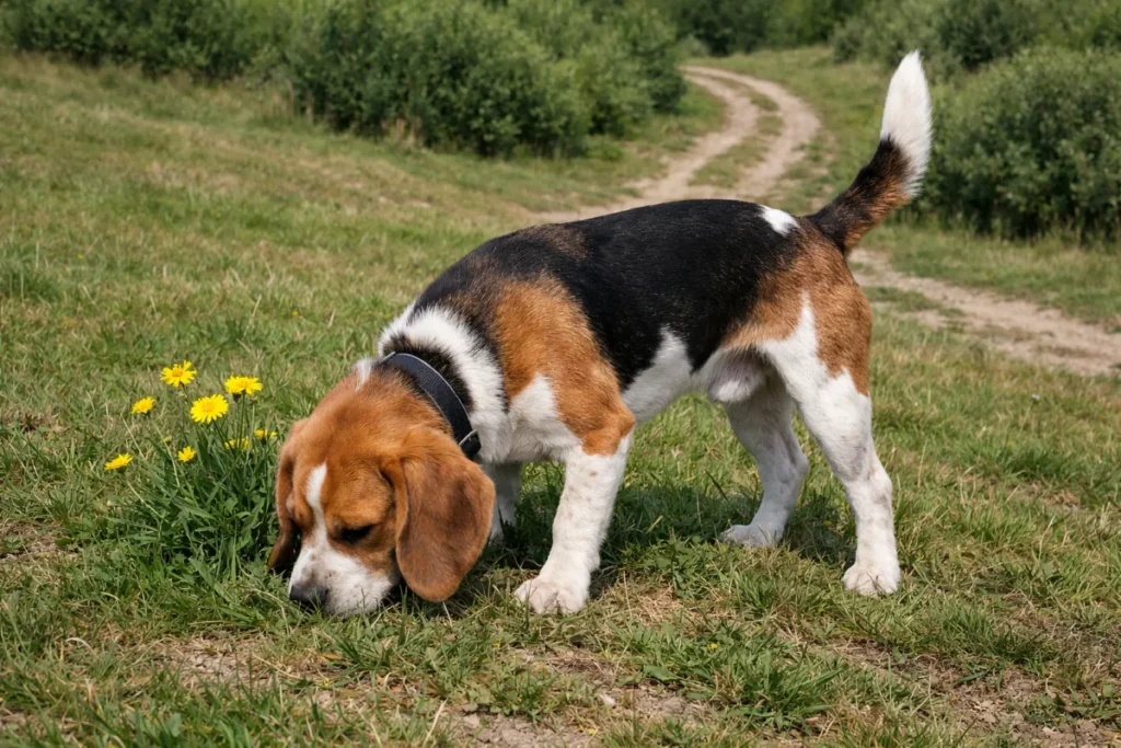 Бігль на зеленому пагорбі нюхає траву