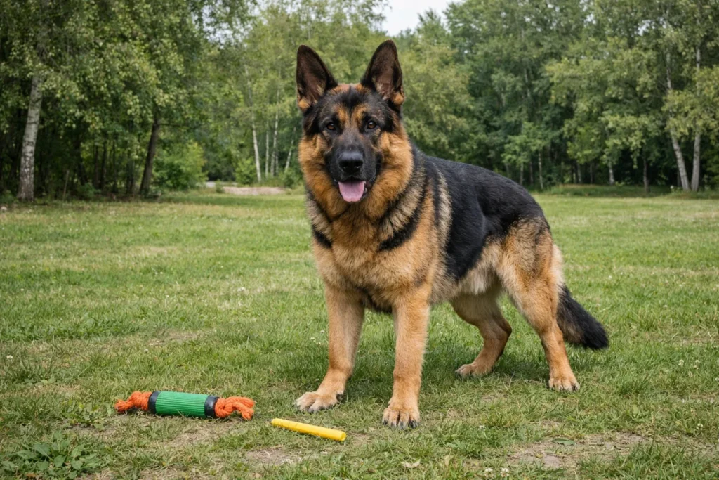 Німецька вівчарка стоїть у парку