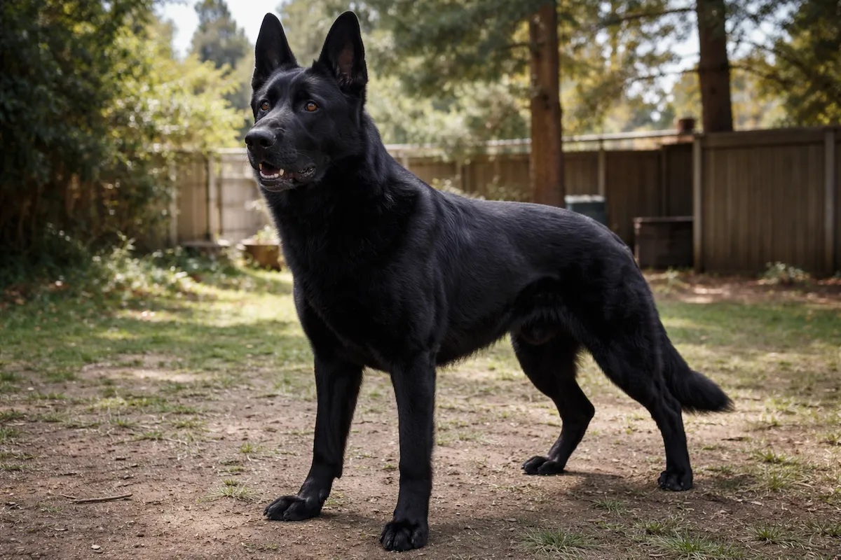 Чорна німецька вівчарка насторожено спостерігає за територією
